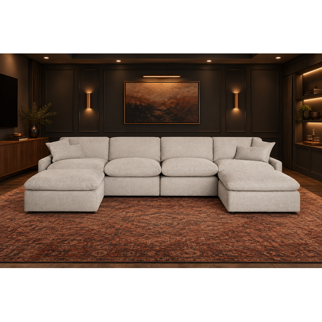 My Cloud Slope 4 Piece Straight + 2 Ottomans in Ivory Greige — staged living room view