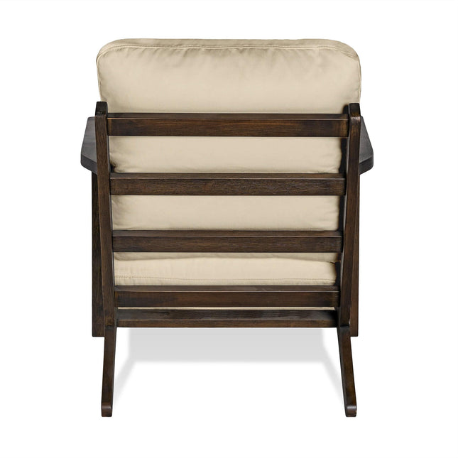 Rear view of the Peyton Chair, a mid-century wooden armchair featuring a slatted backrest and plush beige cushion. The dark-finished wood contrasts elegantly against a plain white backdrop.