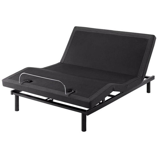 The My Cloud Adjustable Power Bed Frame boasts a sleek black fabric-covered foundation, with the head elevated on a sturdy metal frame and four matching legs. A metal guard rail at the foot adds both safety and style.