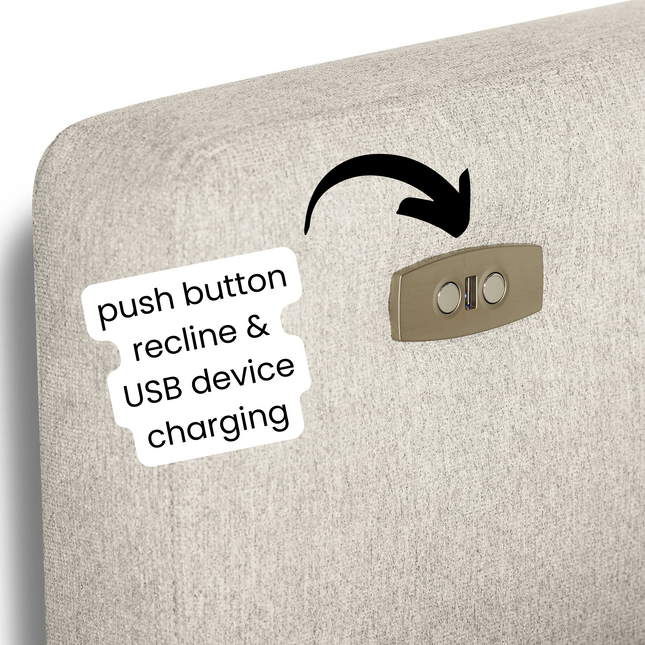 Close-up of the beige fabric My Cloud Slope Power Recliner with a side panel featuring two circular buttons and a USB port. Text reads push button recline & USB device charging with an arrow pointing to the panel.