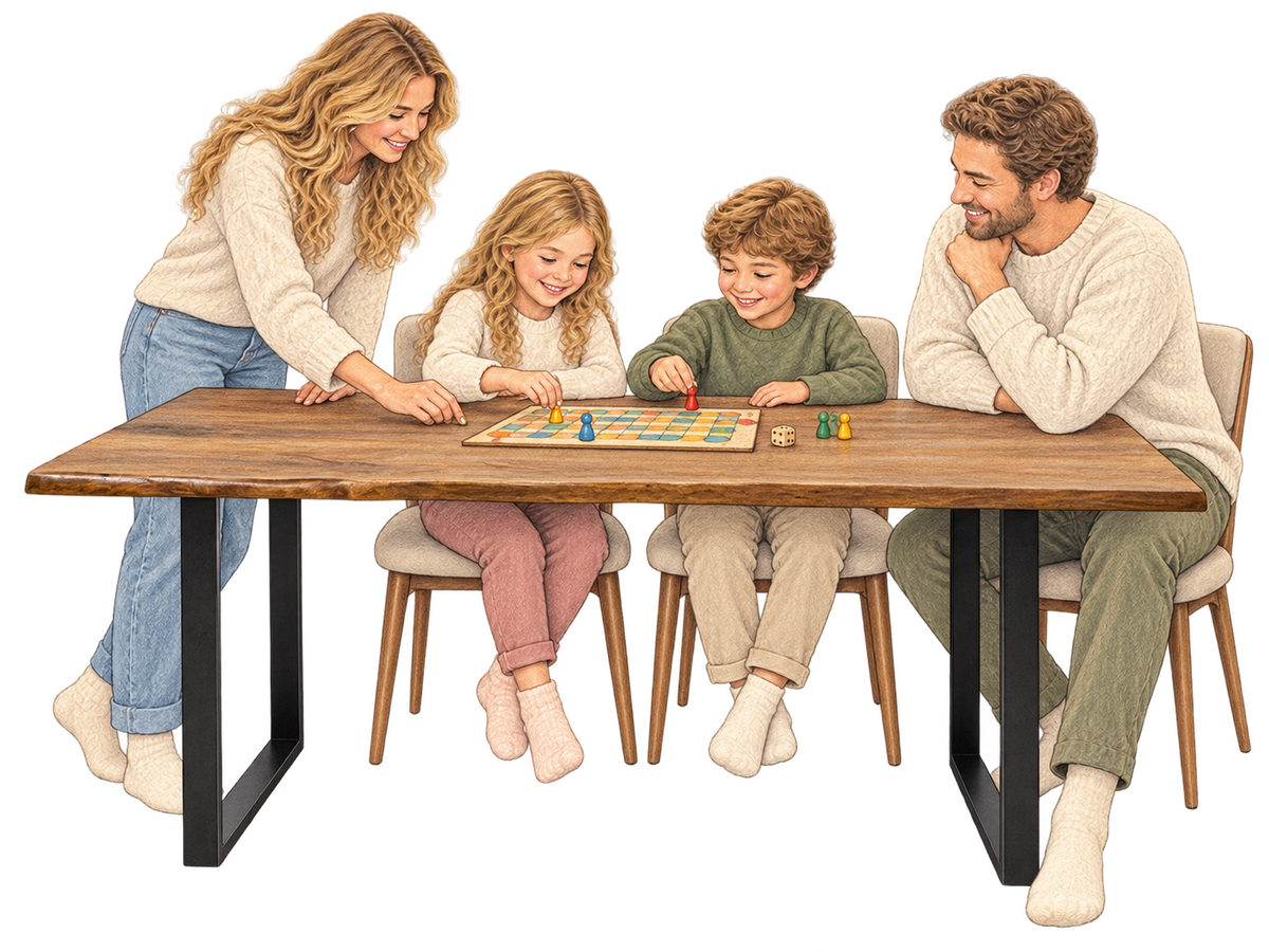 Hand-drawn illustration of a family playing a board game at the live-edge table