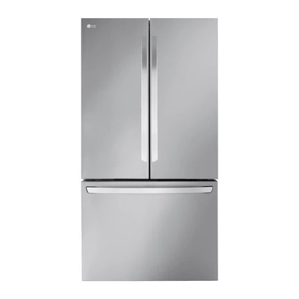 Refrigerator front view on white background