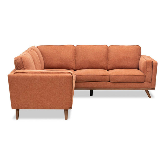 Orange mid-century modern L-shaped sofa with clean lines and wooden legs, available in Free Fabric Swatches, set against a plain white background.
