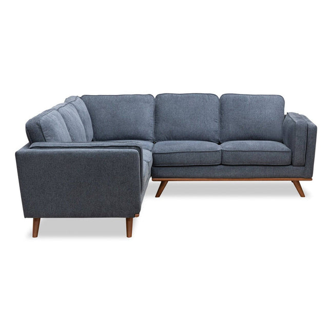 Experience contemporary style with our L-shaped sectional sofa, featuring blue fabric upholstery and wooden legs. This sofa offers cushioned seat and backrests, ensuring comfort and elegance for your living room. Product Name: Free Fabric Swatches.