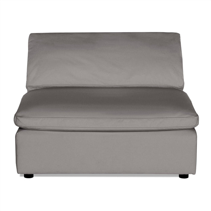 The Peyton Armless Chair is ideal for modern spaces with its minimalist gray design, cushioned backrest, and seat. Positioned against a plain white backdrop, it emphasizes its contemporary appeal and smooth texture.
