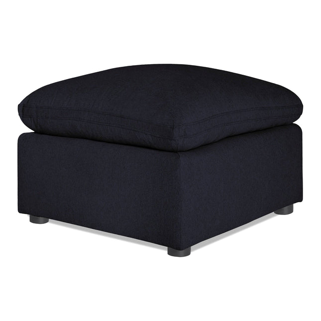 The My Cloud 30 Ottoman features a square black design with a cushioned top, short legs, and soft fabric for a modern and comfortable look.