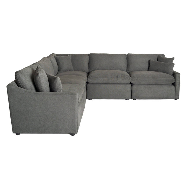 The Free Fabric Swatches product offers a large, dark gray L-shaped sectional sofa with plush cushions and armrests. It features ample seating with three seats on the longer side and two on the shorter side.