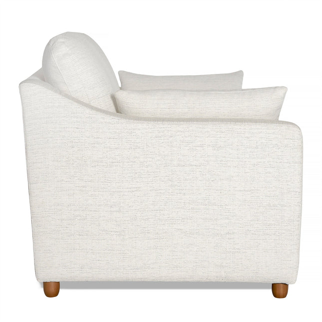 Side view of the My Cloud Slope Loveseat, a modern white fabric sofa with two back cushions and rounded wooden legs, featuring sleek, slightly curved armrests for a minimalist look. This customizable piece is set against a plain white background.