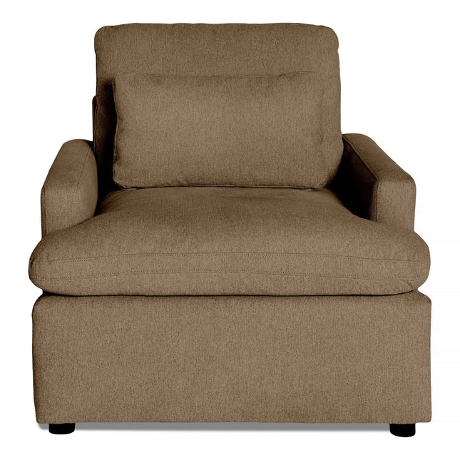 Introducing the My Cloud Chair, a plush beige armchair with soft, textured fabric. It features thick rectangular armrests and a boxy design that sits flat on the ground, offering an inviting touch with its comfortable seat cushion and backrest pillow.