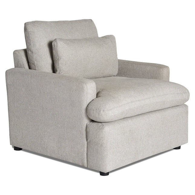 Meet the My Cloud Chair: a plush grey armchair with a spacious cushioned seat, two back cushions, and slightly angled armrests. Its contemporary design adds comfort and style to any cozy living room.