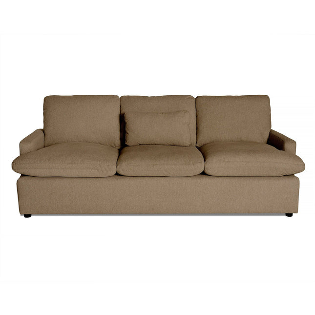 Introducing the My Cloud Sofa, a three-seater beige masterpiece with plush seats and backrests. Its simple, modern design features low armrests on a sturdy base, offering customizable comfort against a plain white background.