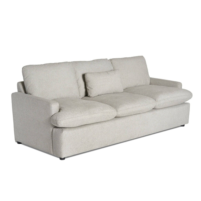 Discover the My Cloud Sofa, a minimalist light gray three-seater featuring plush back and two main seat cushions plus an accent cushion. It boasts short cylindrical legs and slightly curved armrests for a perfect blend of style and comfort.