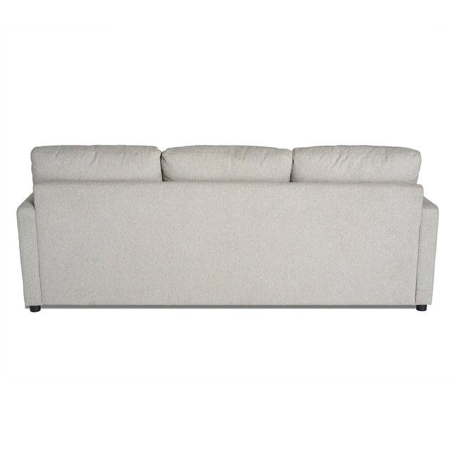 Back view of the My Cloud Sofa in light gray, showcasing three cushioned backrests and armrests on both sides. This comfortable piece, with its minimalist design and short black legs, is set against a plain white backdrop.