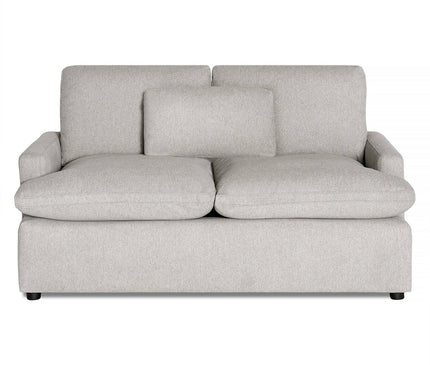 Introducing the My Cloud Loveseat: a contemporary two-seater sofa in light gray with plush cushions, a rectangular throw pillow, and straight armrests on short black legs. This piece embodies comfort and minimalistic design.