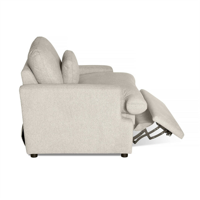 The My Cloud Power Recliner in light gray features a side view with an extended footrest. This customizable piece includes a cushioned back, armrests, and a subtly visible reclining mechanism beneath the seat for optimal comfort.