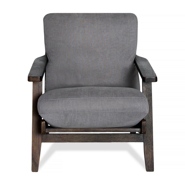 The Peyton Chair is a modern, minimalist wooden armchair with a dark wood frame and gray padded seat and back cushions. It features a straight, upright back and wide, flat armrests inspired by mid-century design.