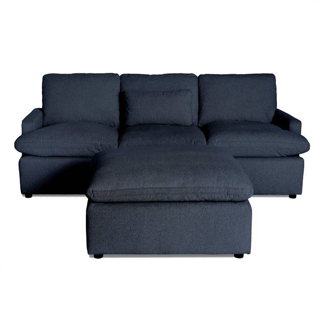 Introducing the My Cloud Sofa, a sleek dark gray sectional complete with plush cushions and a matching ottoman. This modern piece comfortably seats three, with soft fabric upholstery set against a plain white backdrop for an elegant look.