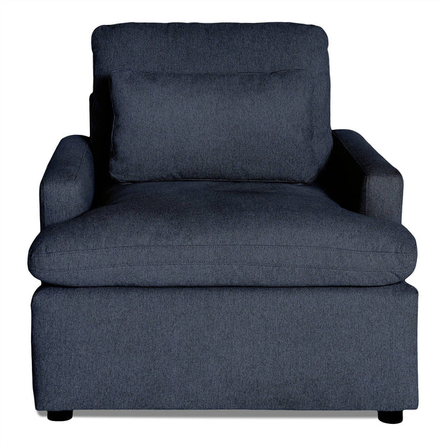 Introducing My Cloud Chair: a cozy armchair in dark gray, complete with a matching seat pillow. It features soft armrests, a plush backrest, and a textured fabric surface, all elegantly presented against a white background.