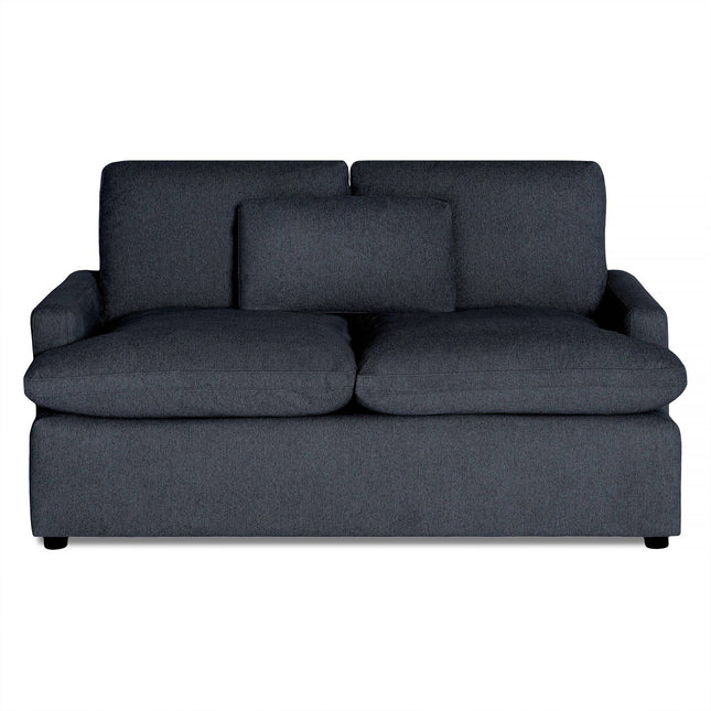 The My Cloud Loveseat, with its plush dark gray cushions and minimalist design, stands out elegantly against a white background, offering stylish comfort with its central cushion for added luxury.