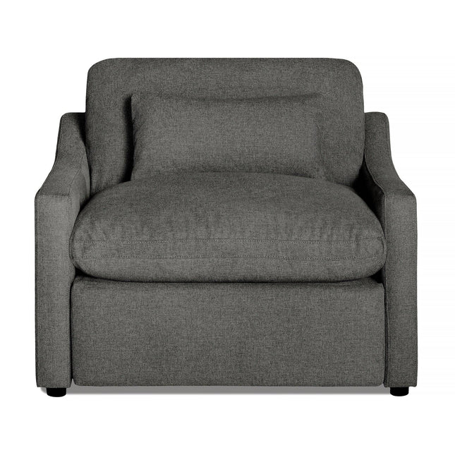 The My Cloud Slope Power Recliner is a large, dark gray armchair with a plush seat cushion and matching back pillow. Featuring a sturdy frame and slightly curved armrests, it combines the essence of customizable furniture with the comfort you seek in every moment of relaxation.