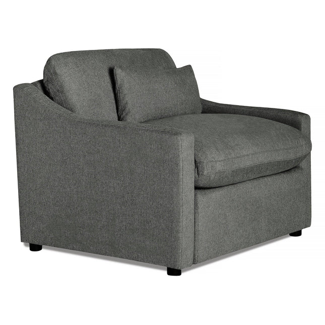Introducing the My Cloud Slope Power Recliner, a modern gray upholstered armchair with clean lines and wide, cushioned seating. It features two back cushions and short black legs, offering comfortable furniture that blends style with ultimate relaxation.