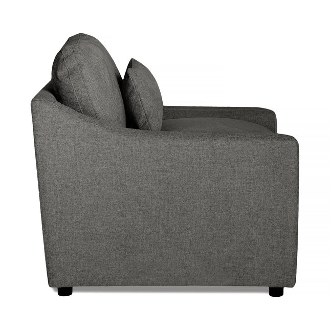 Side view of a gray, two-seater sofa with a minimalist design and the comfort of My Cloud Slope Power Recliner. It features two seat cushions and matching back cushions in the same fabric, has a clean silhouette with low, rectangular armrests, and small black feet.
