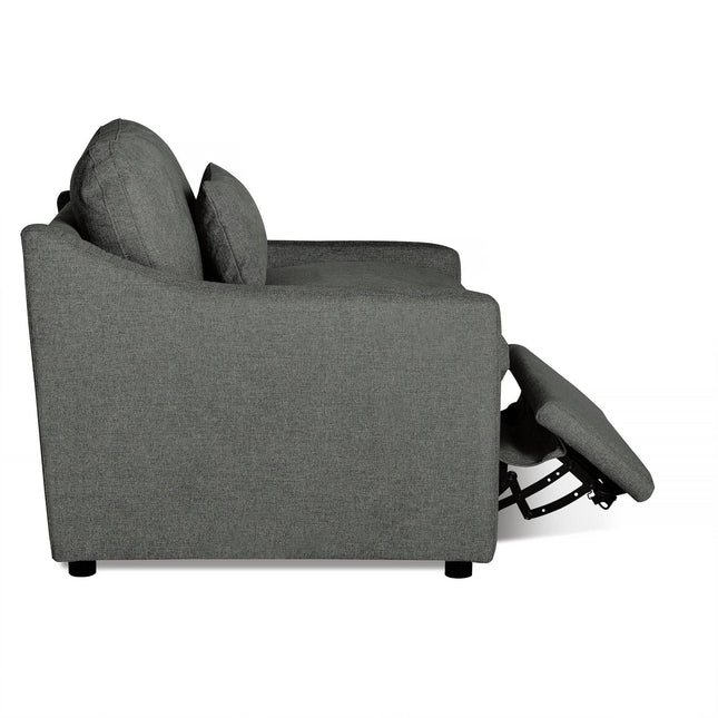 Side view of the My Cloud Slope Power Recliner, a gray fabric sofa with an extended footrest. This comfortable piece features a contemporary design with plush cushions and armrests, with the footrest mechanism visible beneath the seat.