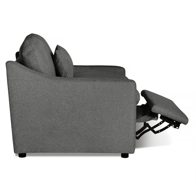 Side view of the My Cloud Slope Power Recliner, a gray fabric sofa with an extended footrest. This modern piece features straight arms and two large back cushions, perfectly combining style with comfort in its reclining function.