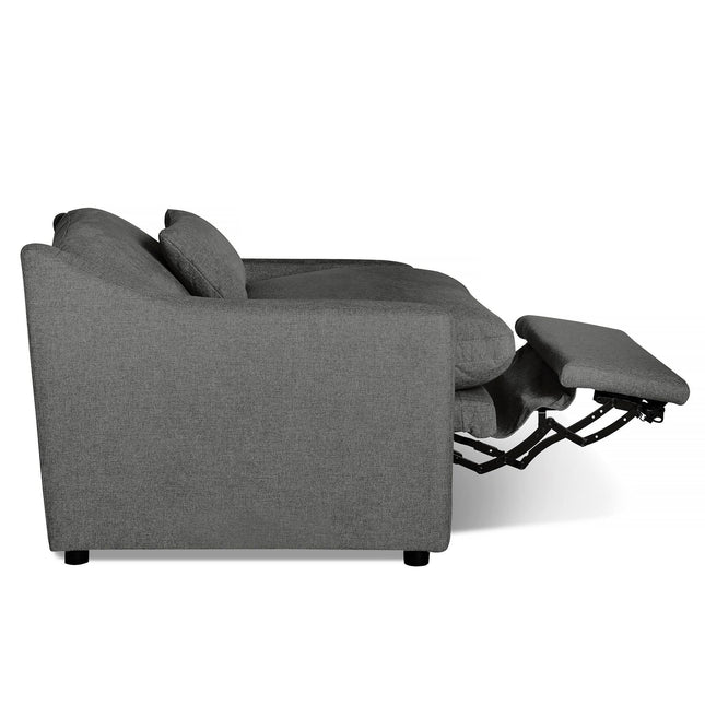 The side view of the gray My Cloud Slope Power Recliner highlights its extended footrest. This comfy piece boasts a modern design with a solid back and cushioned seat, ideal for lovers of customizable furniture options.