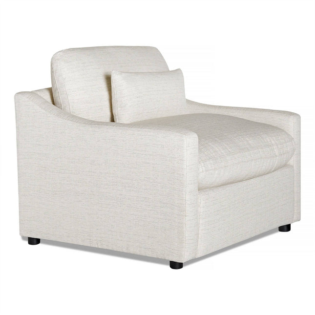 Introducing the My Cloud Slope Power Recliner, a modern, plush white armchair with a matching lumbar pillow. This stylish piece has slightly sloped arms and short black legs, set against a plain white background—ideal for any living space.