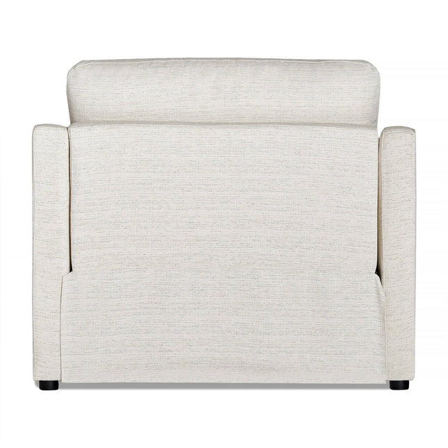 Front view of the My Cloud Slope Power Recliner, a light beige upholstered armchair featuring a cushioned backrest and square arms. It rests on small round black legs, highlighting a clean and minimalist design for customizable furniture with comfort as the priority.