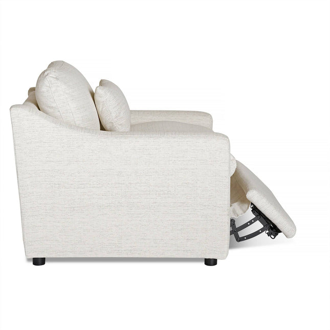 Side view of the My Cloud Slope Power Recliner, a light beige sofa with an extended footrest. Made from textured woven fabric, it features two back cushions, slightly curved armrests, and rests on small dark legs, exemplifying customizable furniture.