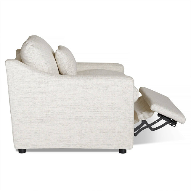 Side view of the My Cloud Slope Power Recliner, a beige fabric chair with an extended footrest. This comfy piece features thick cushions, a high backrest with textured upholstery, and sleek black wooden legs.
