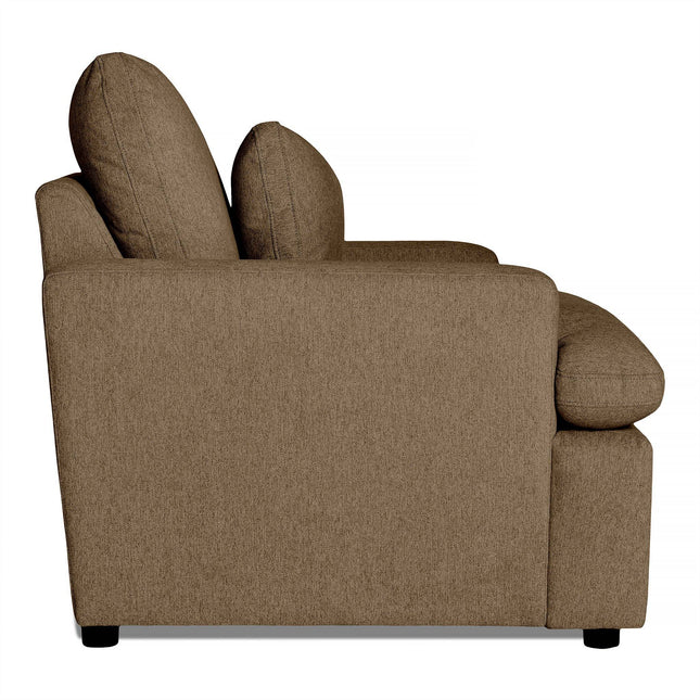 A side view of a brown upholstered sofa with plush armrests and two large back cushions evokes the comfort of My Cloud Chair. Set against a white backdrop, it highlights the textured fabric and modern design in cozy furniture.