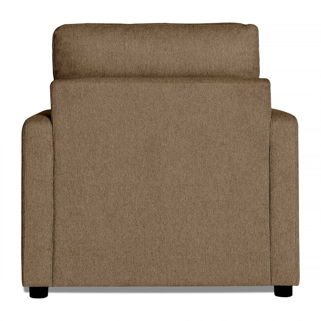 Introducing the My Cloud Chair: a boxy, brown upholstered armchair with a cushioned backrest and straight armrests. Its simple, modern style and smooth, soft fabric add subtle texture for enhanced comfort when viewed from the back.