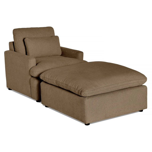 Enjoy the unmatched comfort of the My Cloud Chair, a brown fabric chaise lounge with a cushioned backrest and matching seat cushion. Its extended footrest provides cozy seating and reclining options, while its simple modern design effortlessly complements any customizable furniture collection.