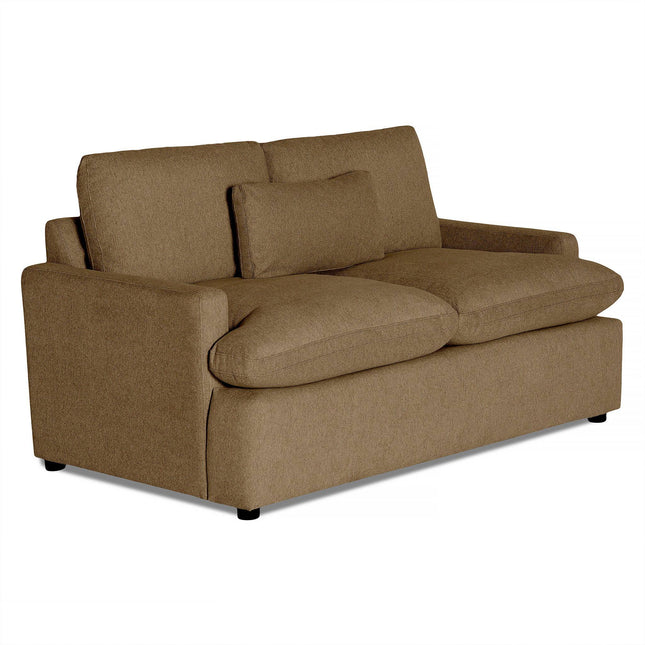 Meet the My Cloud Loveseat: a brown upholstered piece with two large cushions and a small rectangular pillow. It features short black legs and is customizable to match your style, all while sitting against a white backdrop.