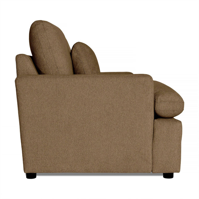 Side view of the My Cloud Loveseat, showcasing its squared arms and plush cushions. This brown fabric sofa features a sturdy build with customizable options, set against a white background.