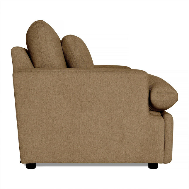 A side view reveals a brown sofa with large, cushioned armrests and back cushions that showcase ultimate comfort. The textured fabric enhances its appeal, and it rests on short black legs, offering coziness akin to the My Cloud Power Recliner.