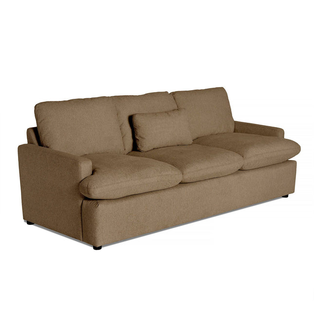 Introducing the My Cloud Sofa, a beige three-seater that marries comfort with modern design. It features broad armrests, a matching accent pillow, and subtle legs, offering style and ultimate comfort.