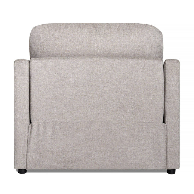 Admire the back view of the My Cloud Slope Power Recliner, a gray upholstered chair with a minimalist design. It features a plush cushion, straight arms, and textured fabric. Small black feet add to its charm, offering customizable comfort for your space.