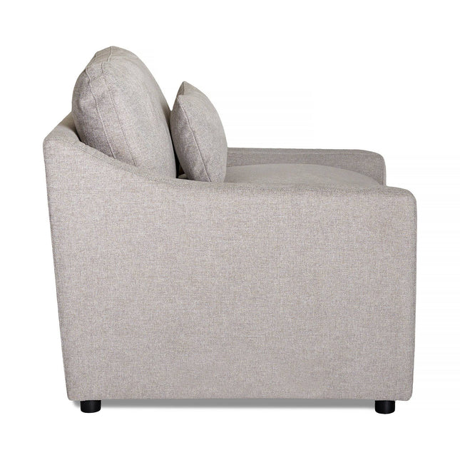 Side view of a light grey upholstered My Cloud Slope Power Recliner with dual back cushions and a low armrest. This cozy piece boasts a simple, modern design with short black legs.