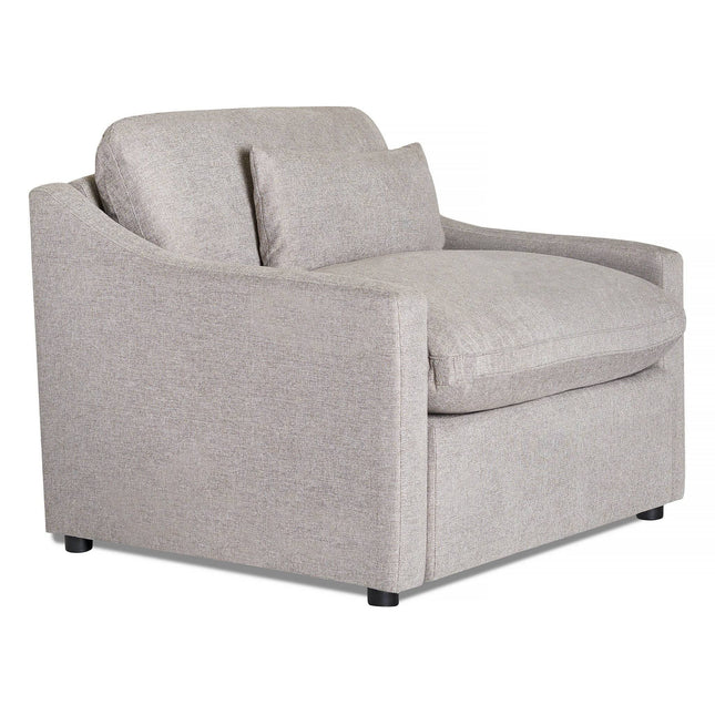 Meet the My Cloud Slope Power Recliner: a chic, modern gray armchair with plush seat cushioning and two matching back pillows. It features low, curved armrests and subtle legs, seamlessly combining sleek design with ultimate comfort.