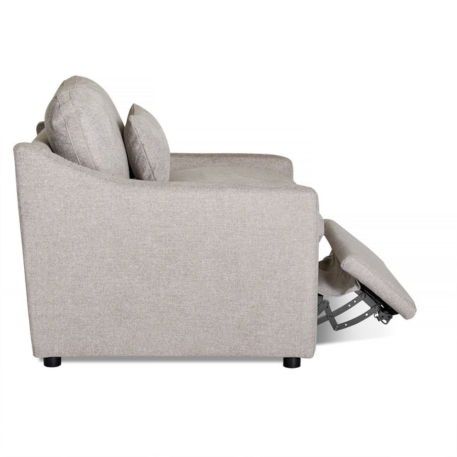 A side view of the My Cloud Slope Power Recliner in light gray fabric showcases an extended footrest. Its cushioned back and seat epitomize comfort, all set against a pristine white background.