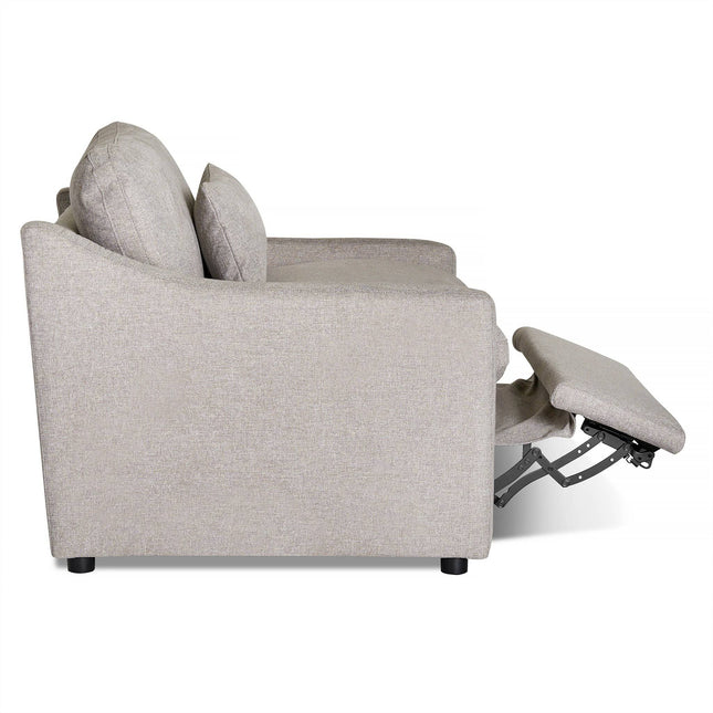 Side view of a gray fabric My Cloud Slope Power Recliner with extended footrest, featuring smooth, rounded armrests and a cushioned backrest for ultimate comfort, exquisitely positioned against a white background.