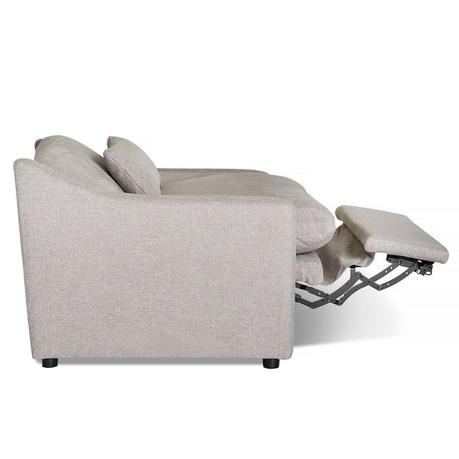 Experience comfort with the My Cloud Slope Power Recliner in light gray. It features an extended footrest and plush seating, showcasing a simple, modern design. The subtly textured fabric complements any space, and its partially visible recliner mechanism offers customizable relaxation.