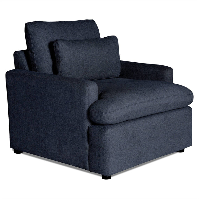 Discover the My Cloud Chair: a dark gray, sleek, and modern armchair with plush cushions. It features wide armrests and a deep seat for exceptional comfort. The soft, textured fabric enhances its inviting allure.