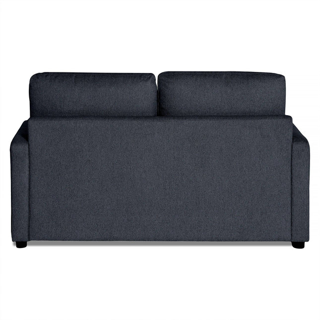 The My Cloud Loveseat boasts dark gray upholstery, two back cushions, and simple armrests. Its clean and modern design rests gracefully on small black legs, set against a white background.