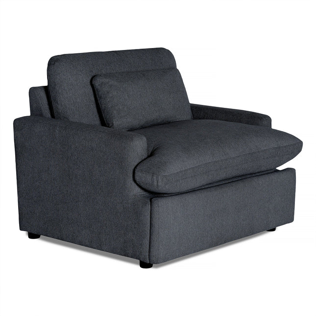 The dark gray My Cloud Power Recliner, with plush cushions, wide armrests, and a small matching back pillow, sits on a white background. Its sleek and modern design ensures ultimate relaxation.