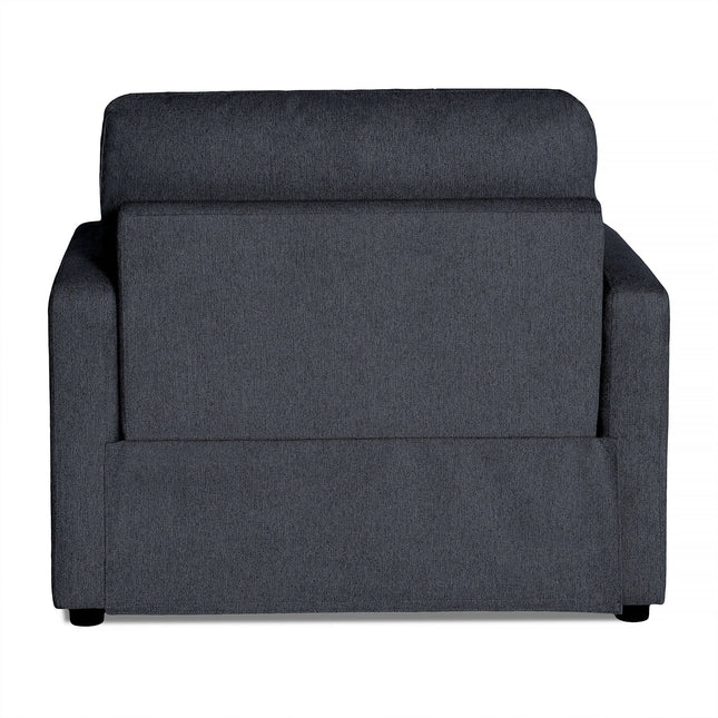 A dark gray upholstered armchair, echoing the My Cloud Power Recliners minimalist, modern design, is shown from the back. Its textured fabric highlights a straight backrest and armrests, showcasing comfort and elegant style.